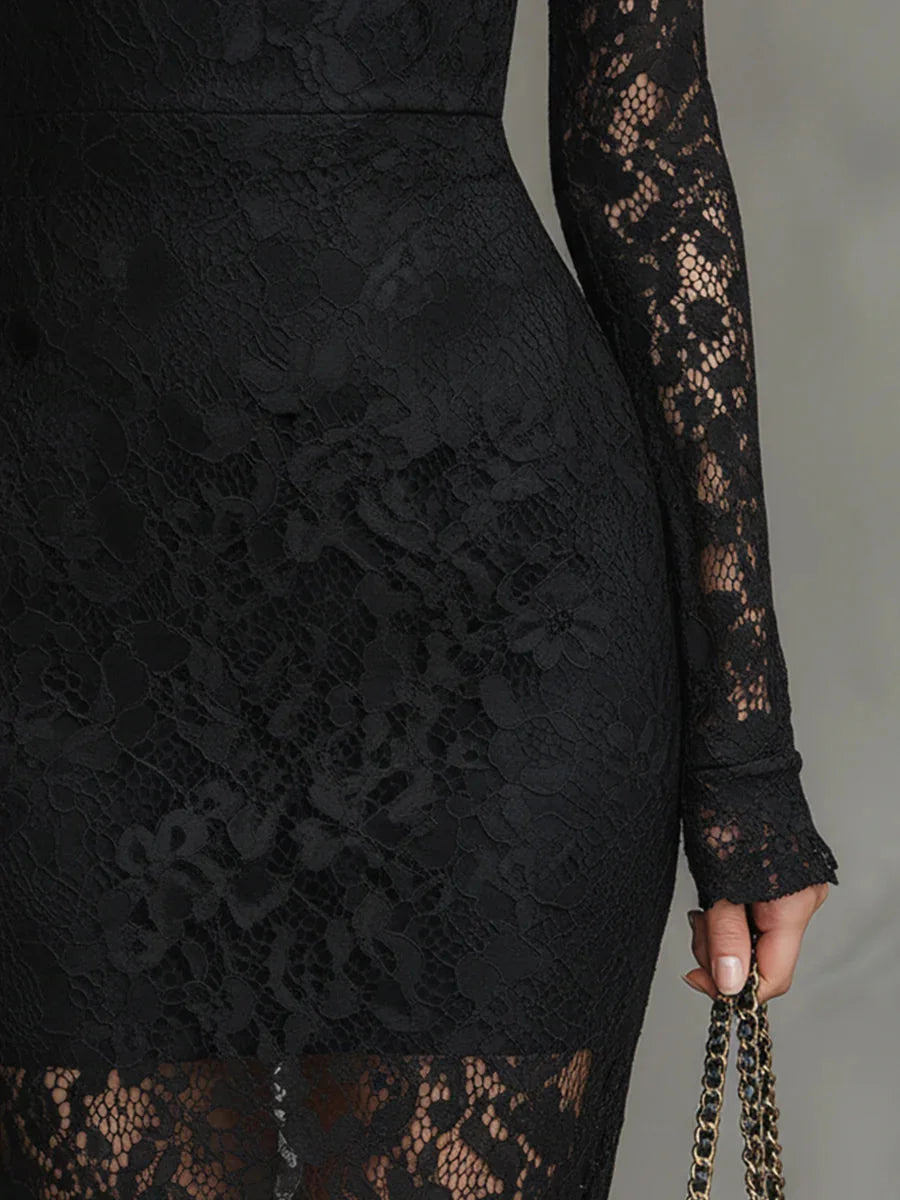 Long Sleeve Lace Maxi Dress with High Neck