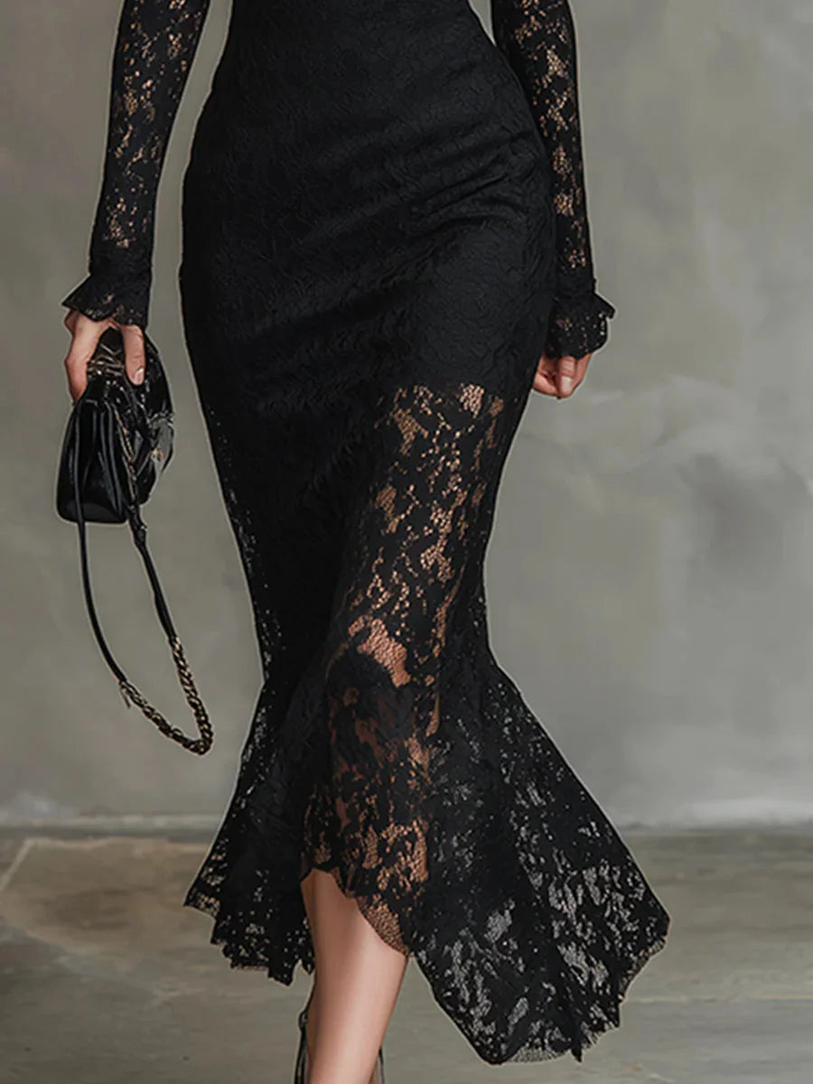 Long Sleeve Lace Maxi Dress with High Neck