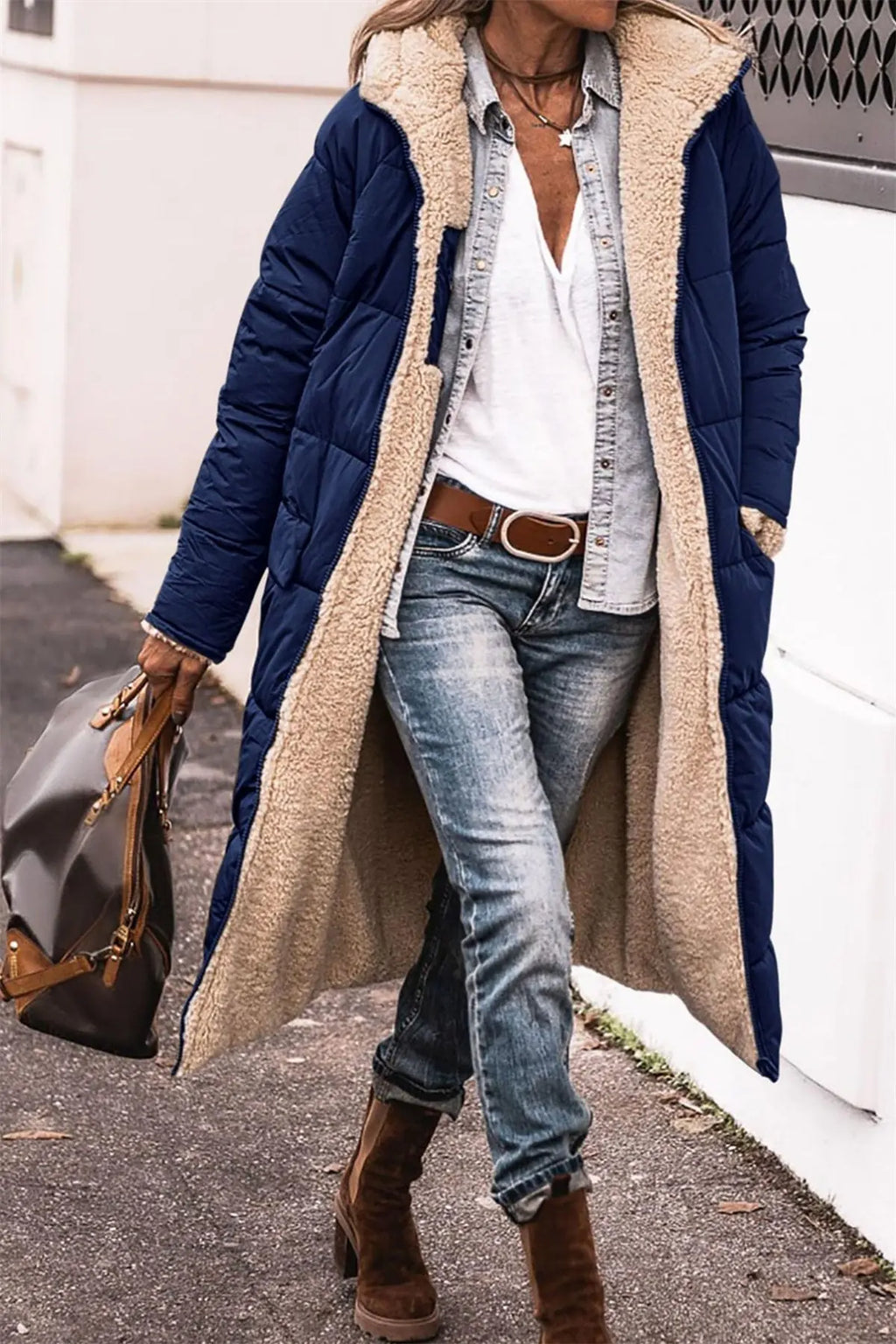 Longline Puffer Jacket with Sherpa Lining