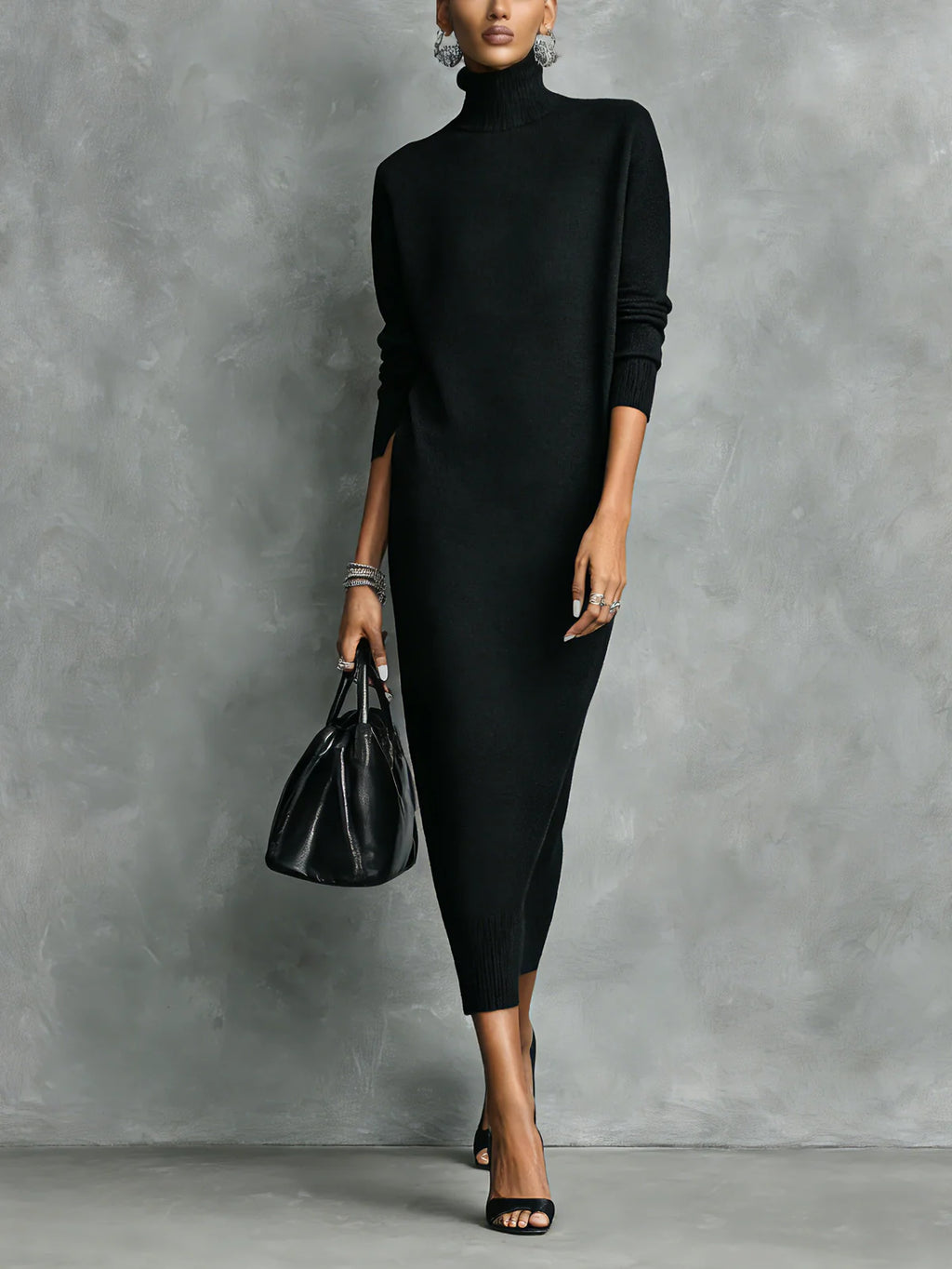 Maelys Turtleneck Sweater Dress for Women - Fitted Midi Knit Dress