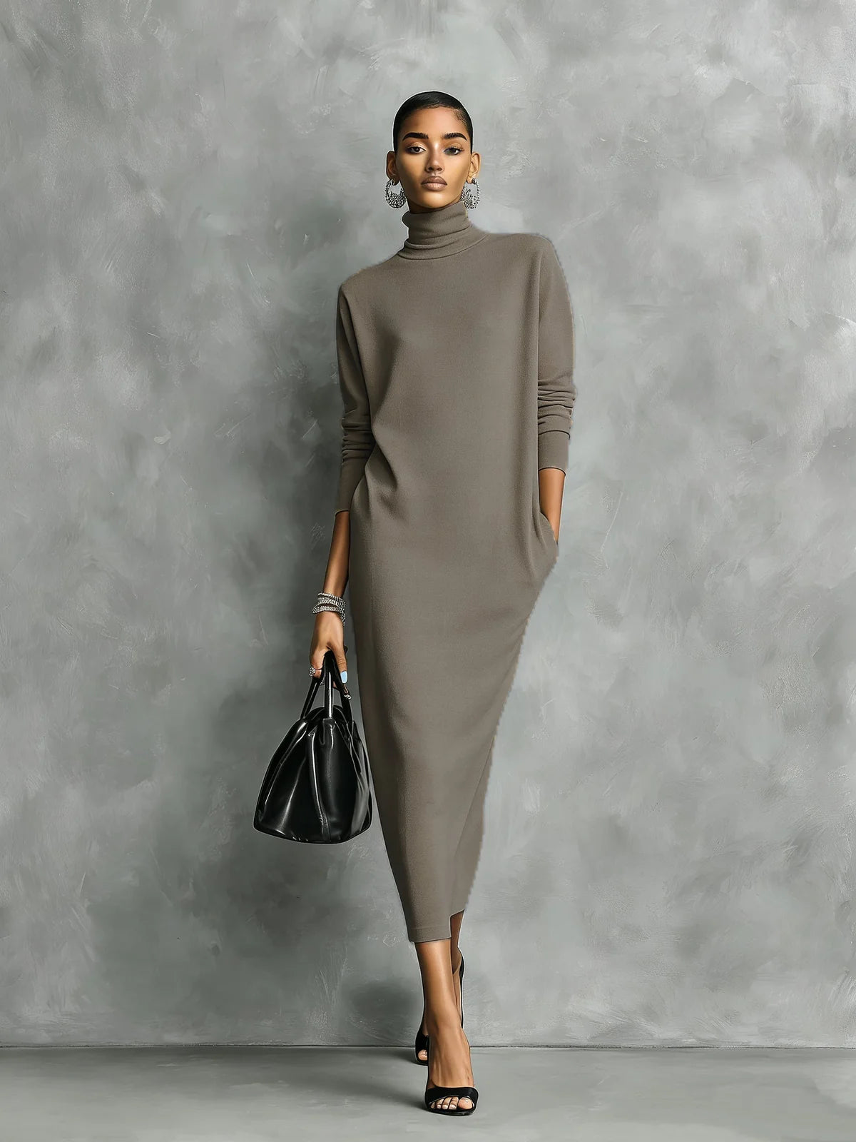 Maelys Turtleneck Sweater Dress for Women - Fitted Midi Knit Dress