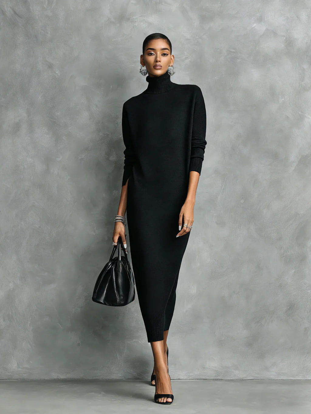 Maelys Turtleneck Sweater Dress for Women - Fitted Midi Knit Dress