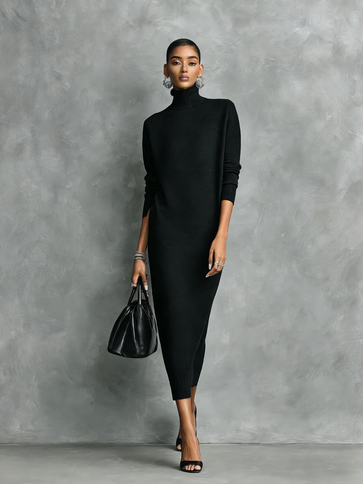 Maelys Turtleneck Sweater Dress for Women - Fitted Midi Knit Dress