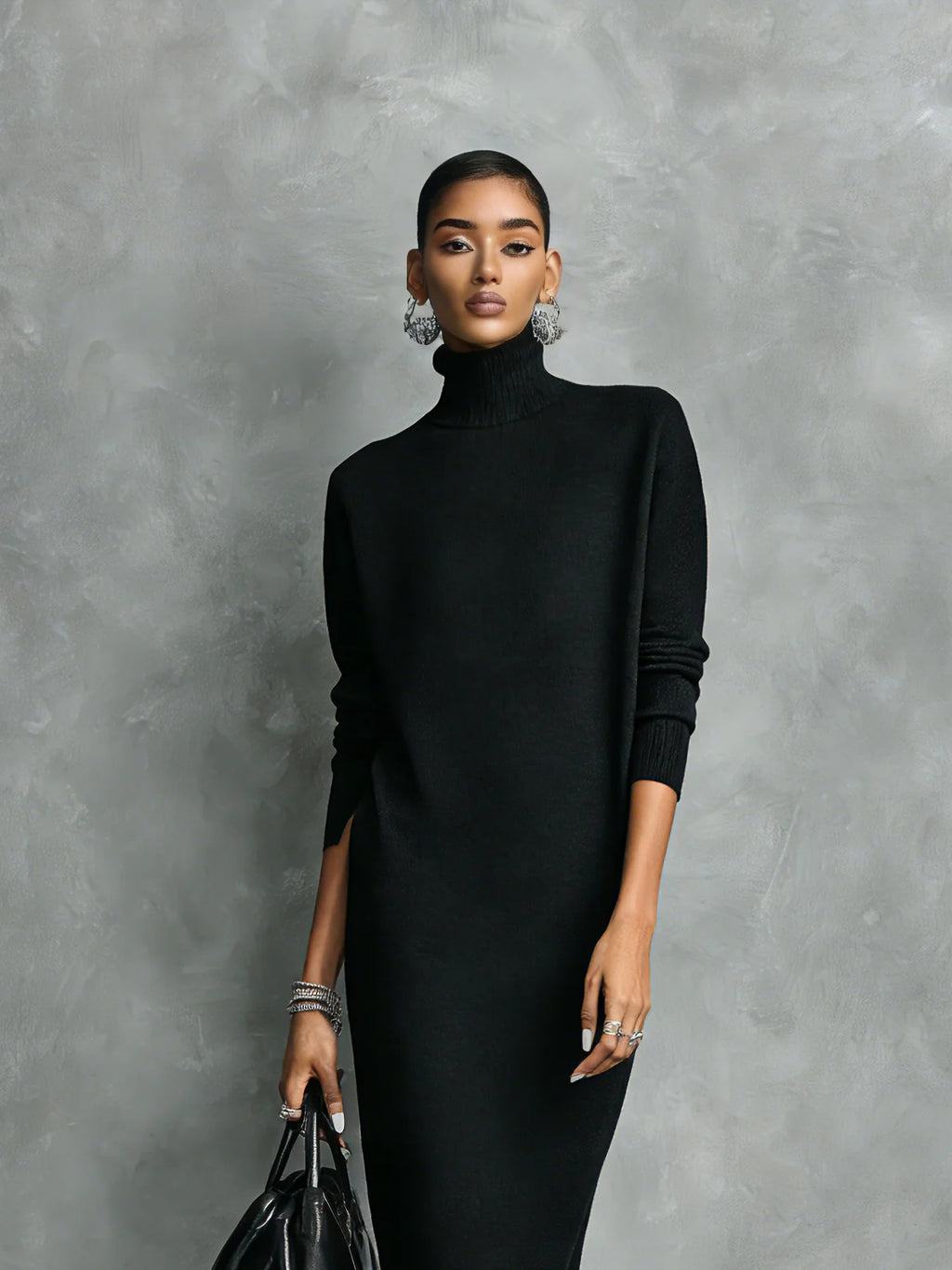 Maelys Turtleneck Sweater Dress for Women - Fitted Midi Knit Dress