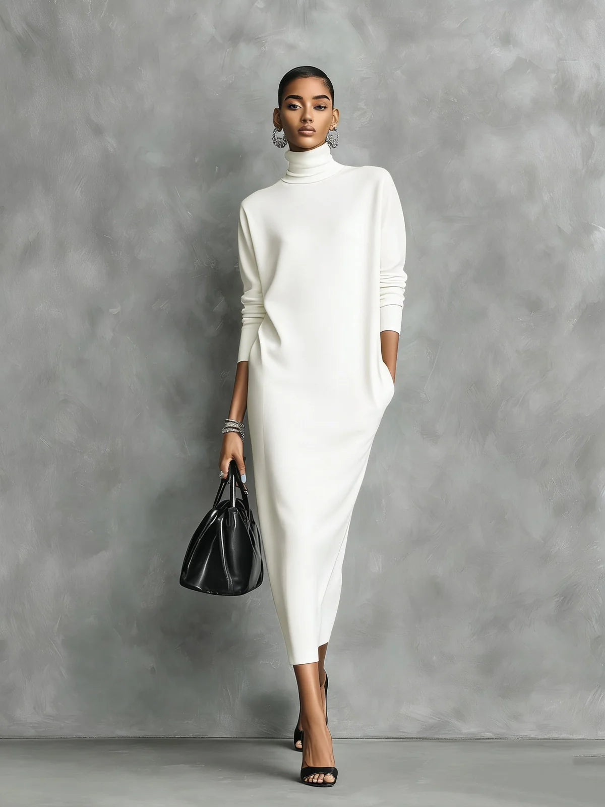 Maelys Turtleneck Sweater Dress for Women - Fitted Midi Knit Dress