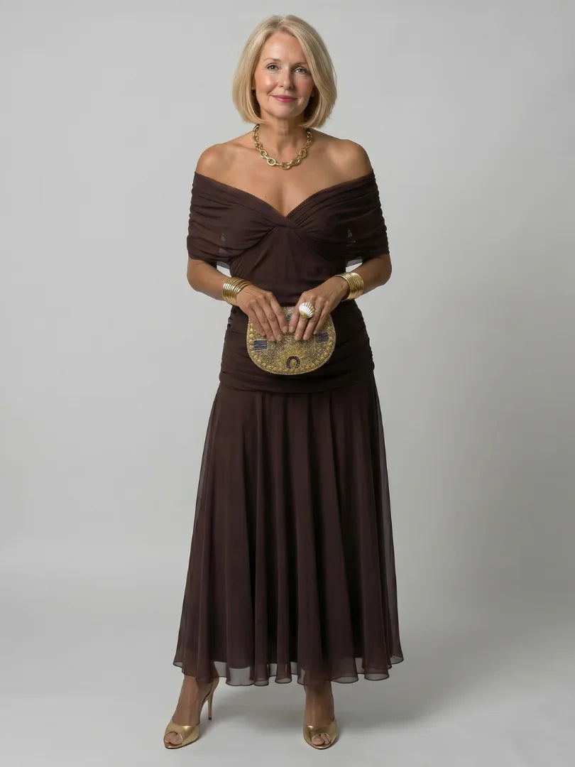 Off Shoulder Midi Dress Draped Neckline