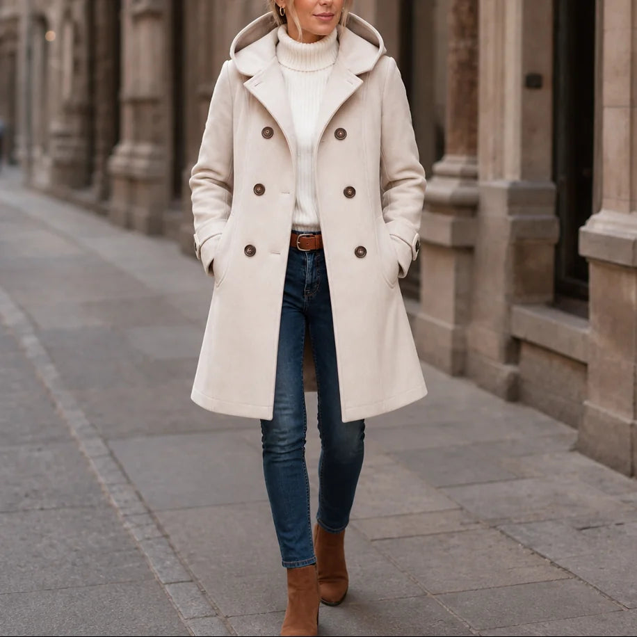 Pea Coat – Black Double-Breasted Hooded Thigh-Length