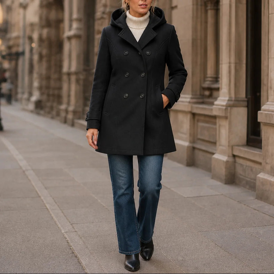 Pea Coat – Black Double-Breasted Hooded Thigh-Length