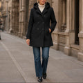 Pea Coat – Black Double-Breasted Hooded Thigh-Length