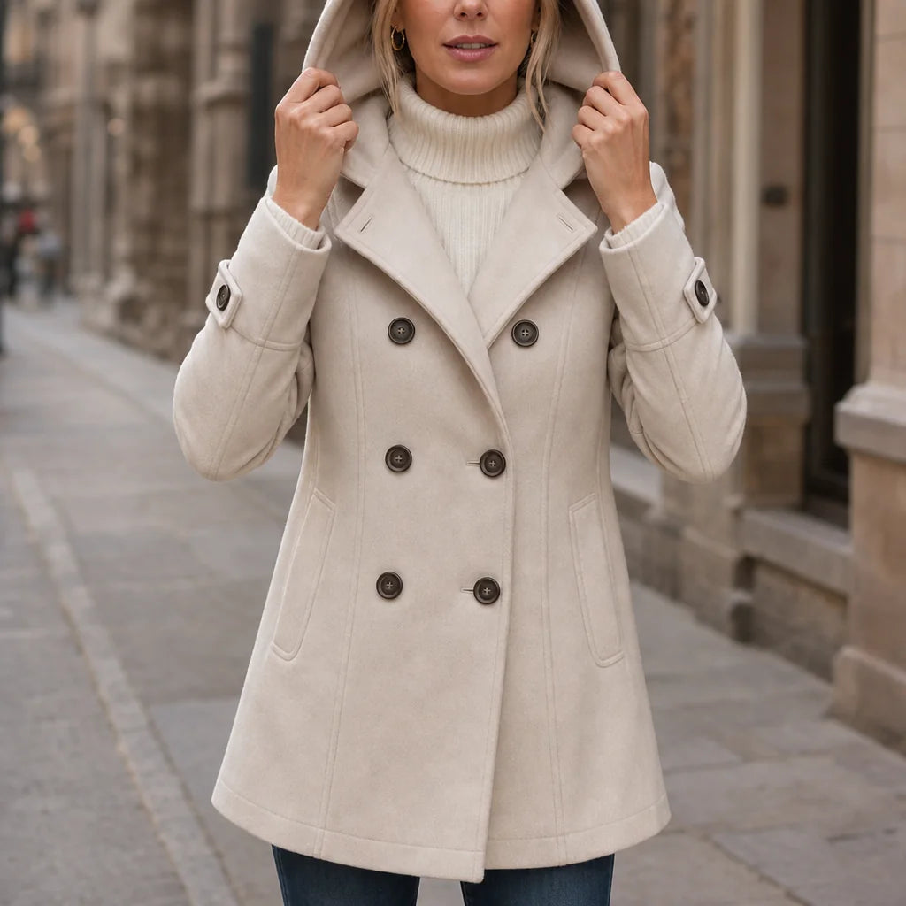 Pea Coat – Black Double-Breasted Hooded Thigh-Length