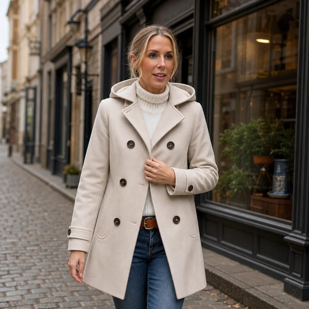 Pea Coat – Black Double-Breasted Hooded Thigh-Length