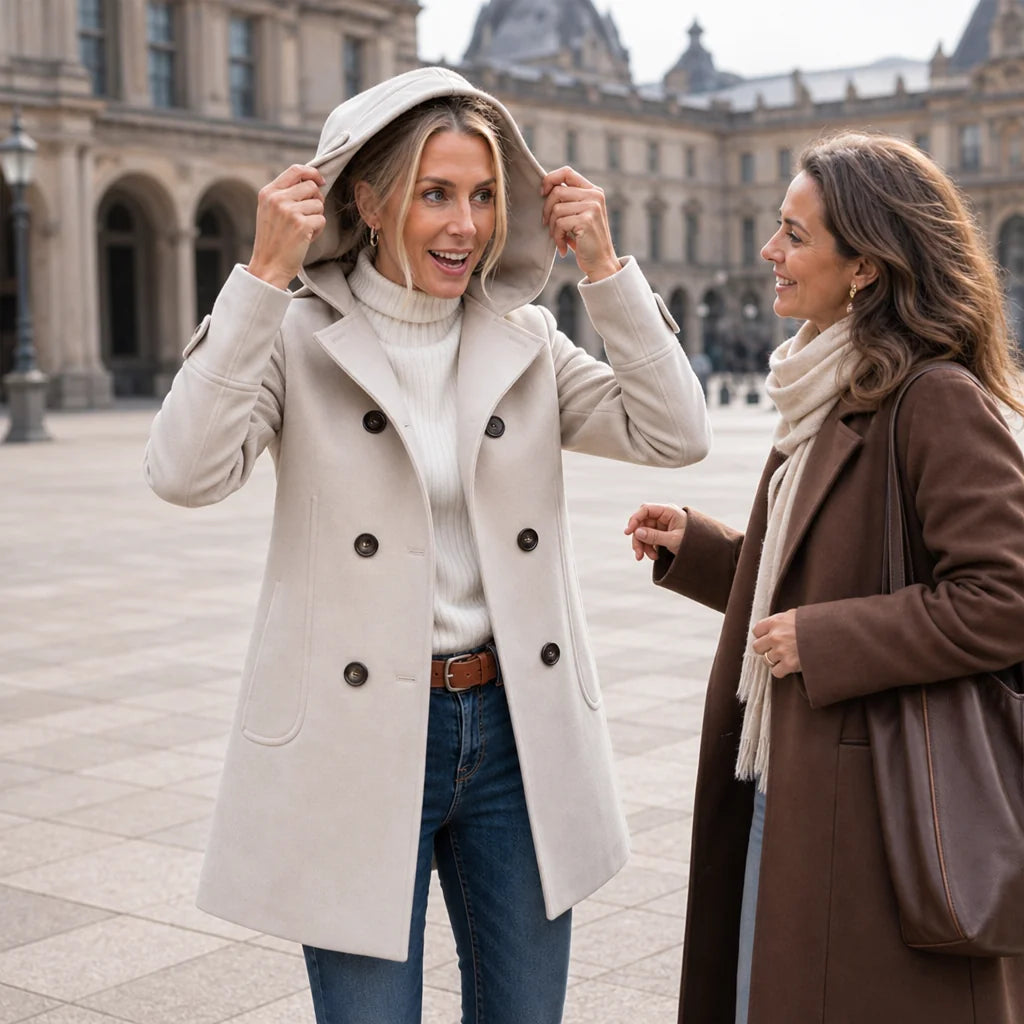 Pea Coat – Black Double-Breasted Hooded Thigh-Length