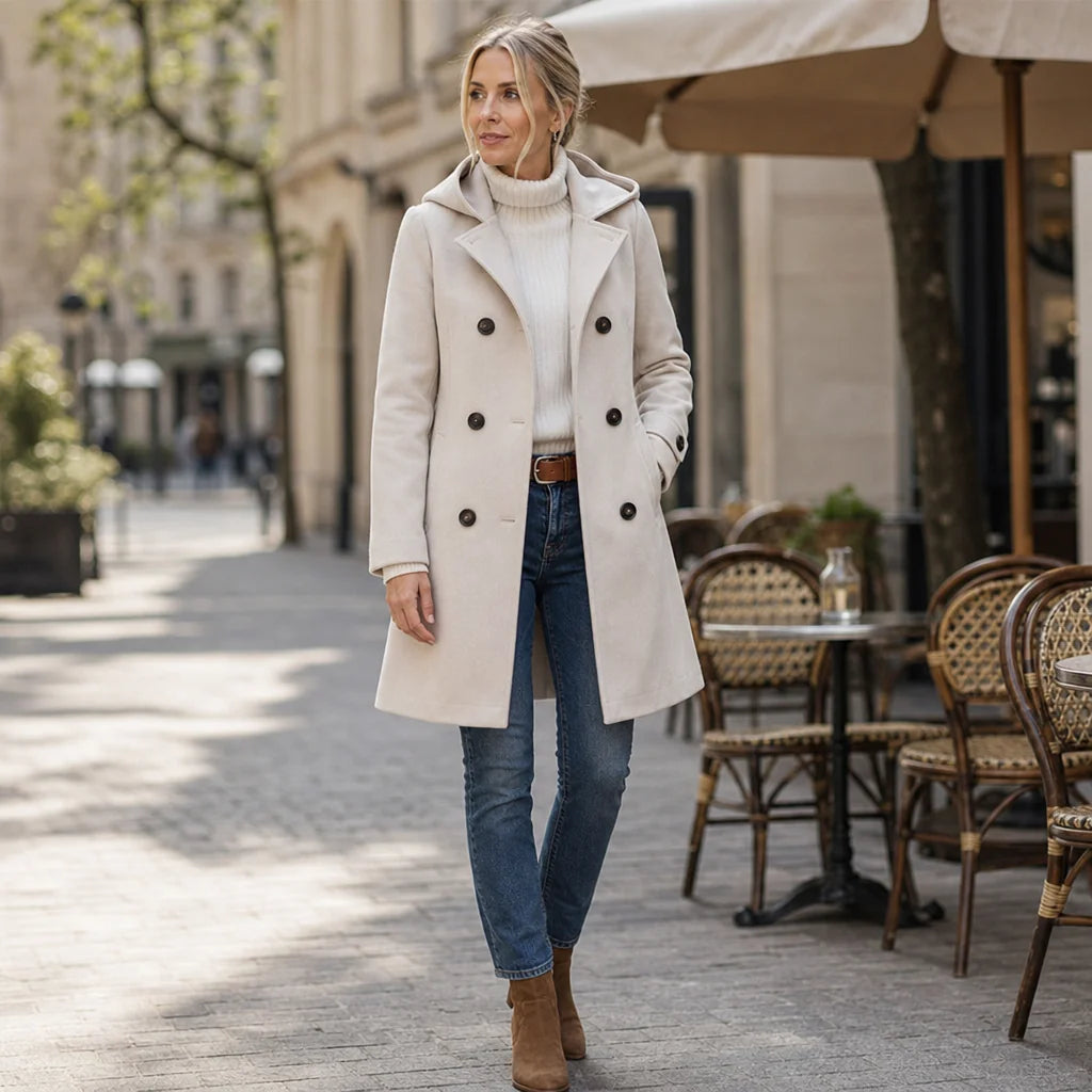 Pea Coat – Black Double-Breasted Hooded Thigh-Length
