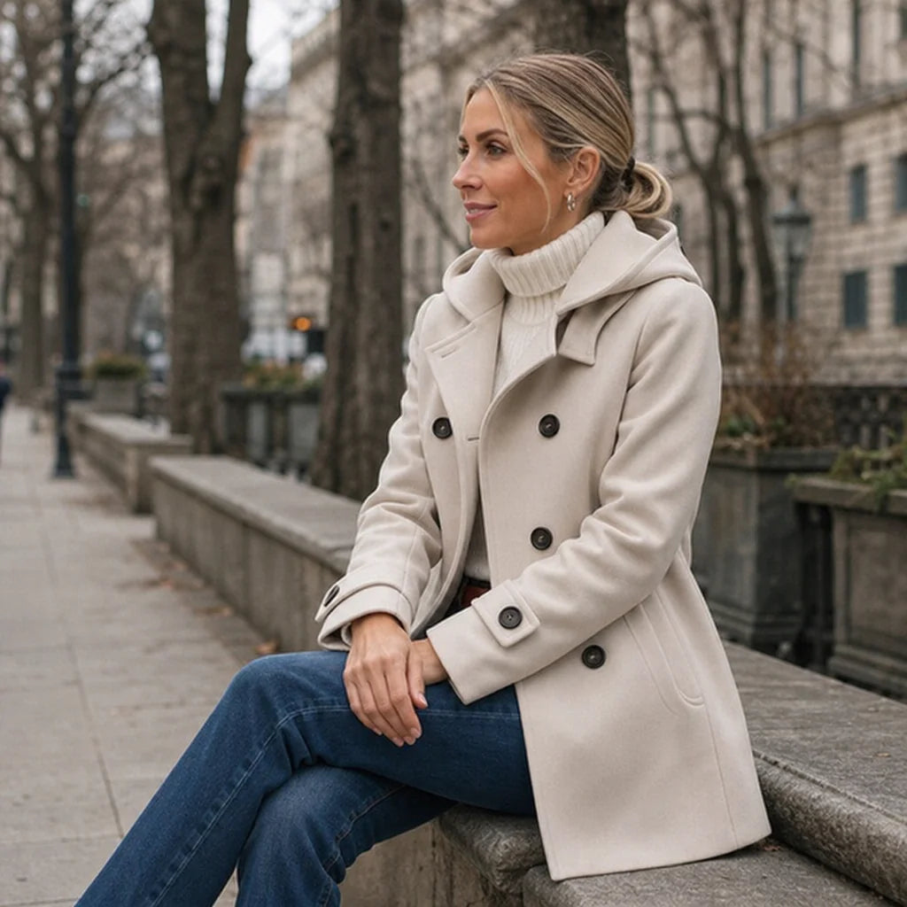 Pea Coat – Black Double-Breasted Hooded Thigh-Length