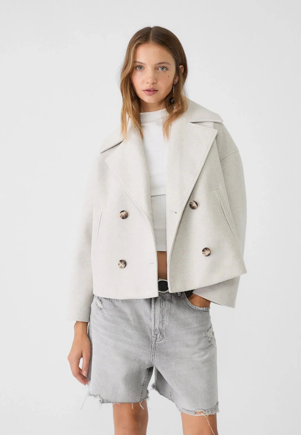 Pea Coat Wool Blend Oversized Notch Lapel Cropped