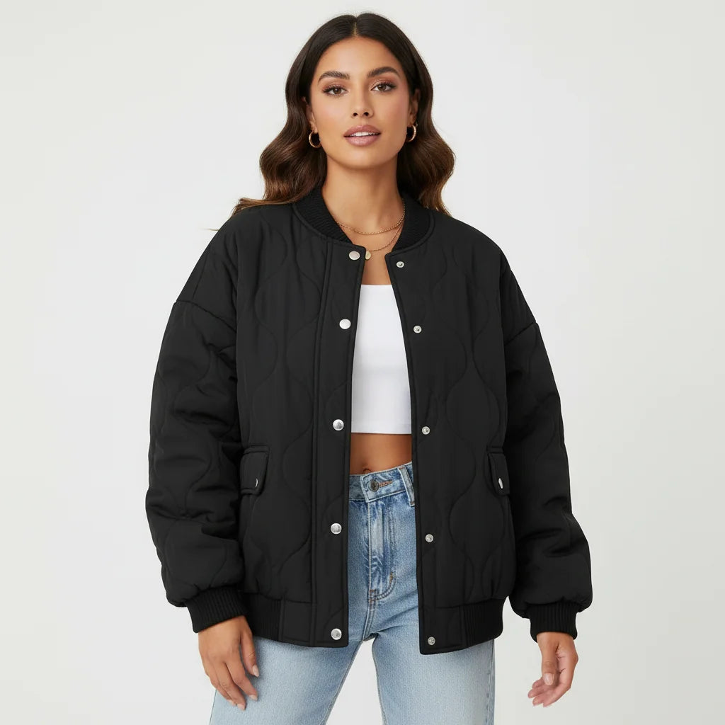 Quilted Bomber Jacket – Khaki Oversized Snap Front