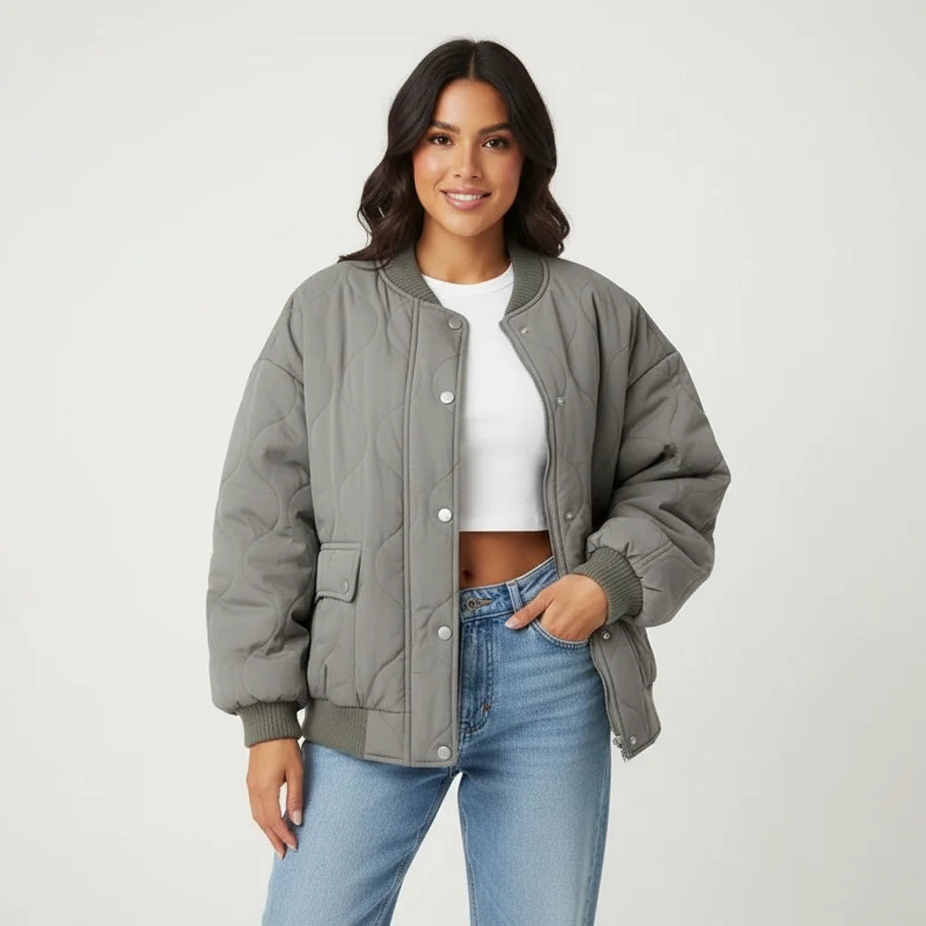 Quilted Bomber Jacket – Khaki Oversized Snap Front