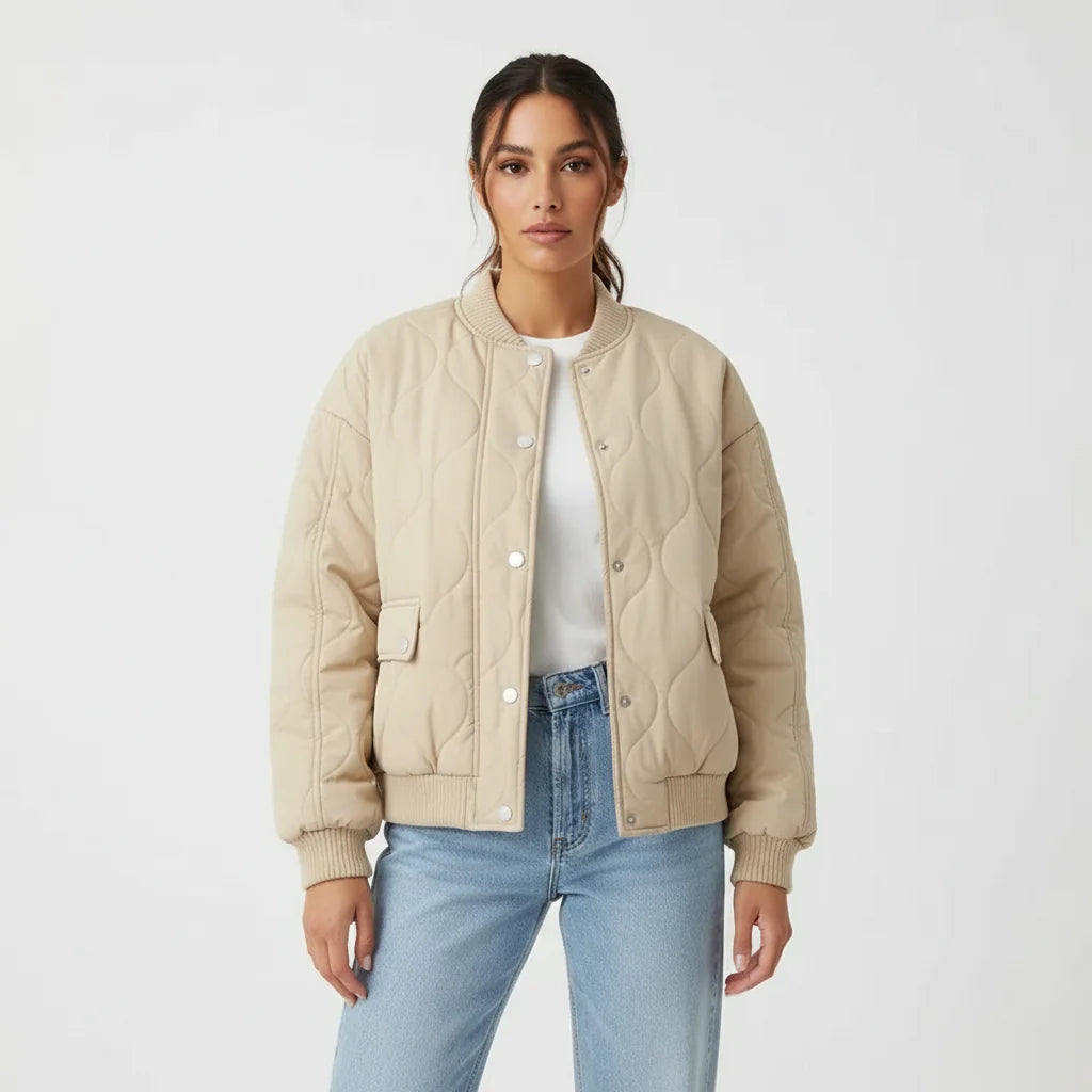 Quilted Bomber Jacket – Khaki Oversized Snap Front
