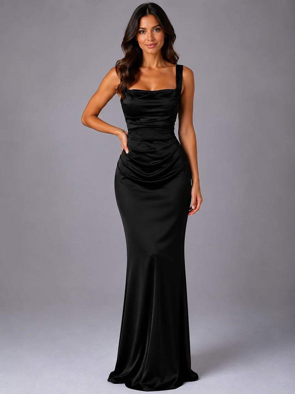 Satin Maxi Dress with Ruched Waist
