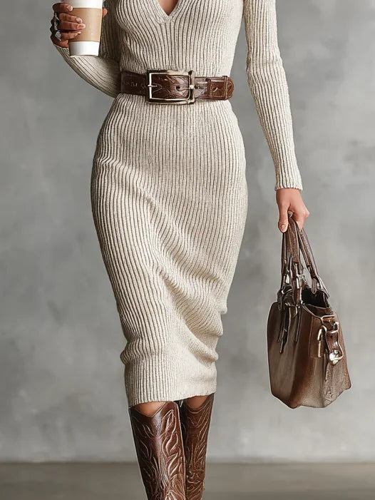 Sweater Dress – Ivory Ribbed Belted V-Neck Midi