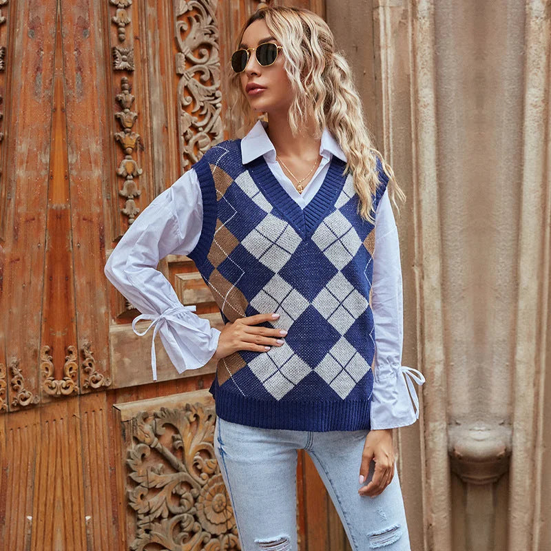 Sweater Vest Women – Navy Argyle Knit V-Neck