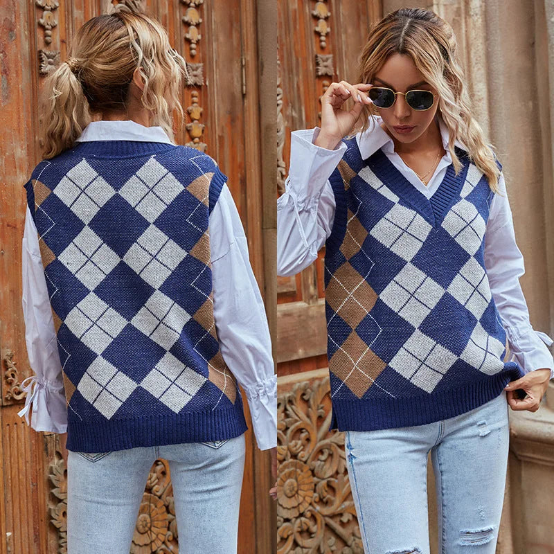 Sweater Vest Women – Navy Argyle Knit V-Neck