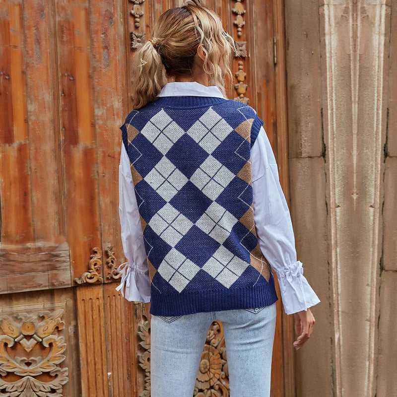 Sweater Vest Women – Navy Argyle Knit V-Neck