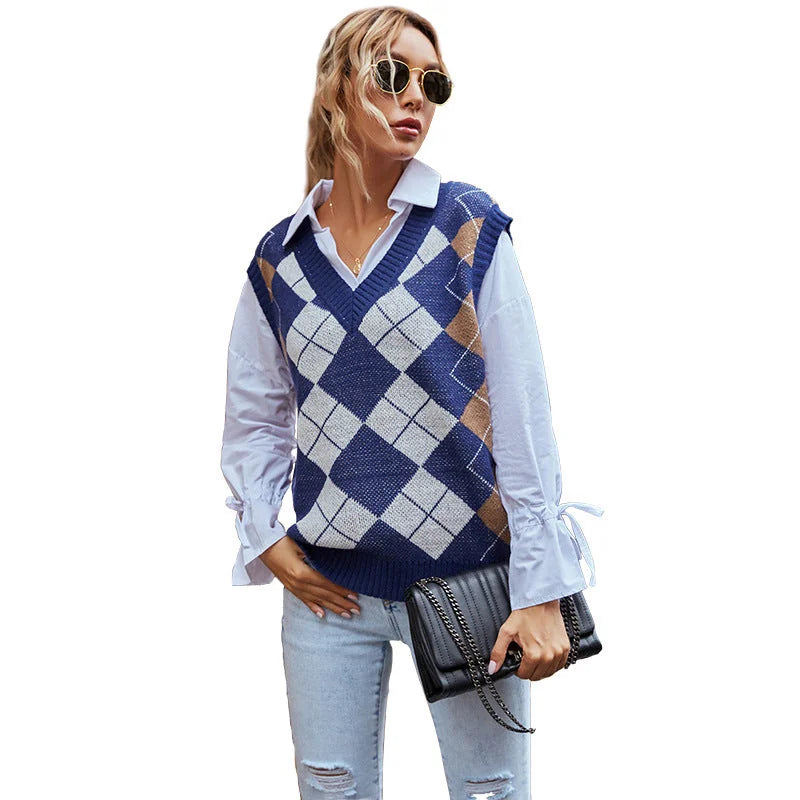 Sweater Vest Women – Navy Argyle Knit V-Neck
