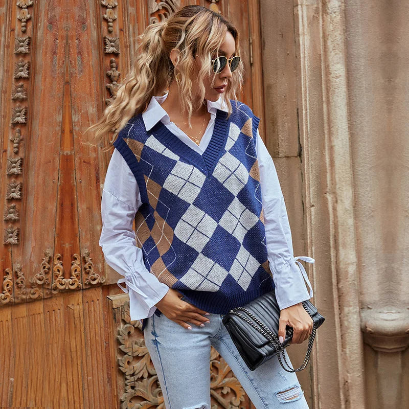 Sweater Vest Women – Navy Argyle Knit V-Neck