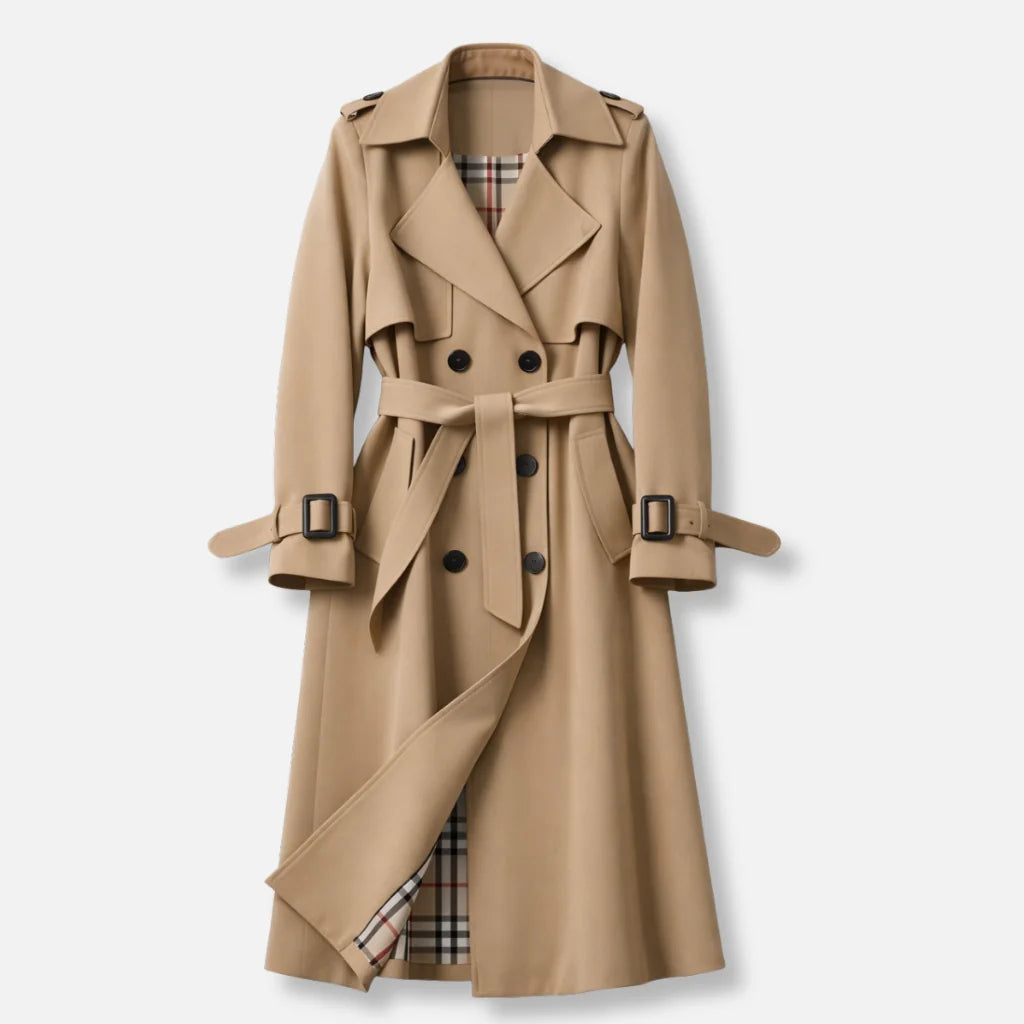 Trench Coat – Beige Double-Breasted Belted Longline