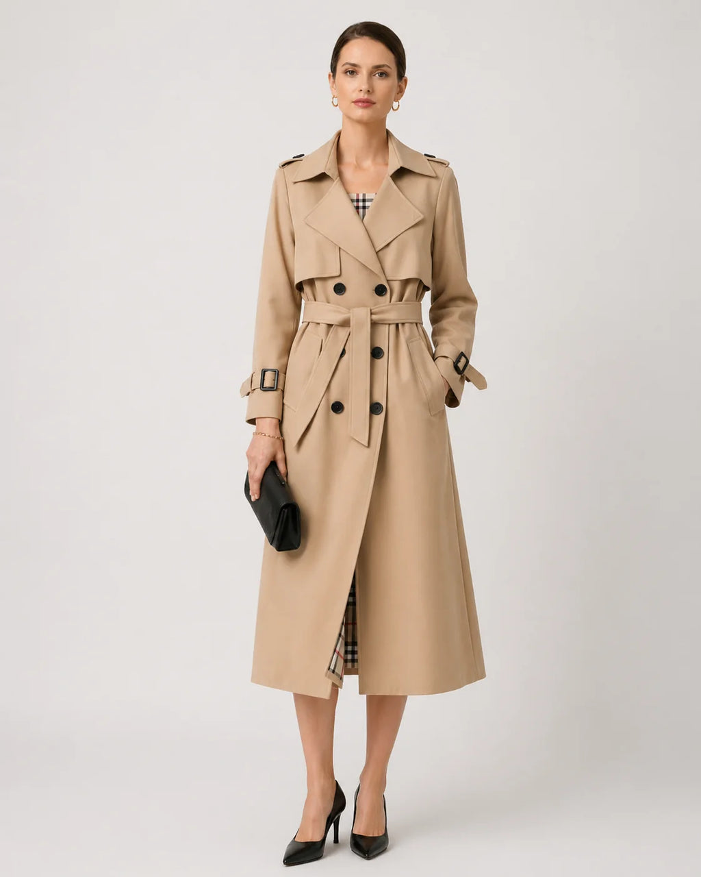 Trench Coat – Beige Double-Breasted Belted Longline