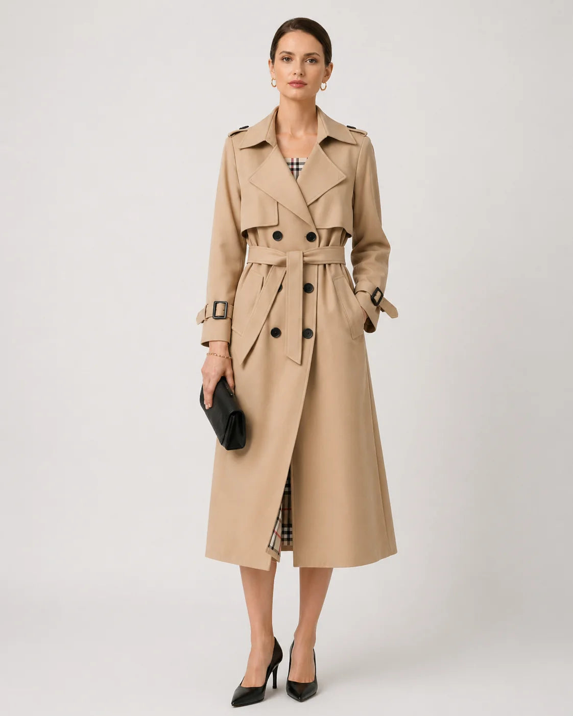 Trench Coat – Beige Double-Breasted Belted Longline
