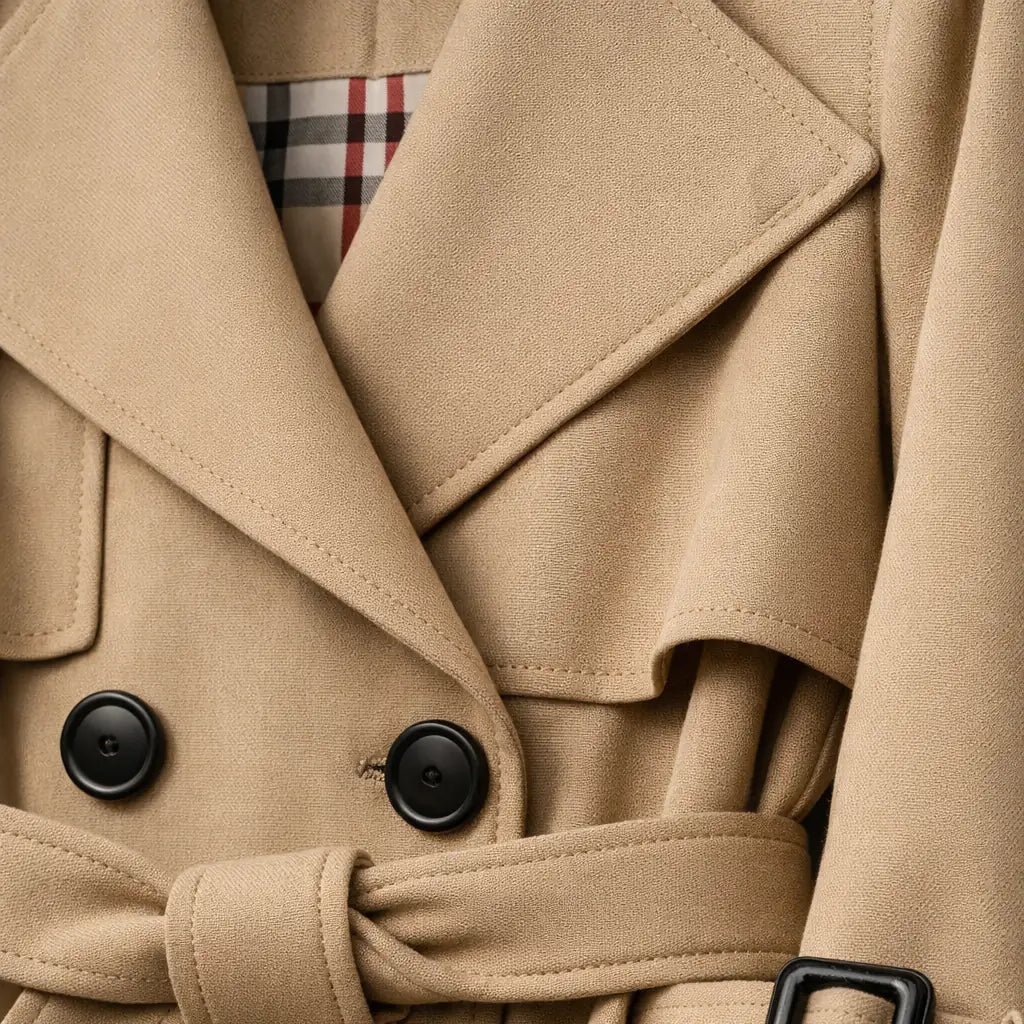 Trench Coat – Beige Double-Breasted Belted Longline
