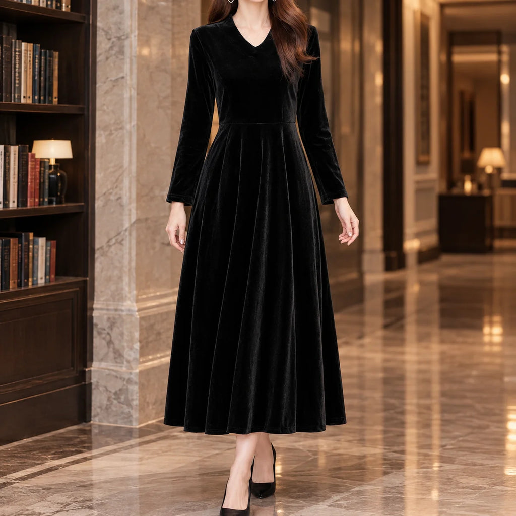 Velvet Dress – Black Long Sleeve V-Neck A-Line Midi