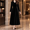 Velvet Dress – Black Long Sleeve V-Neck A-Line Midi