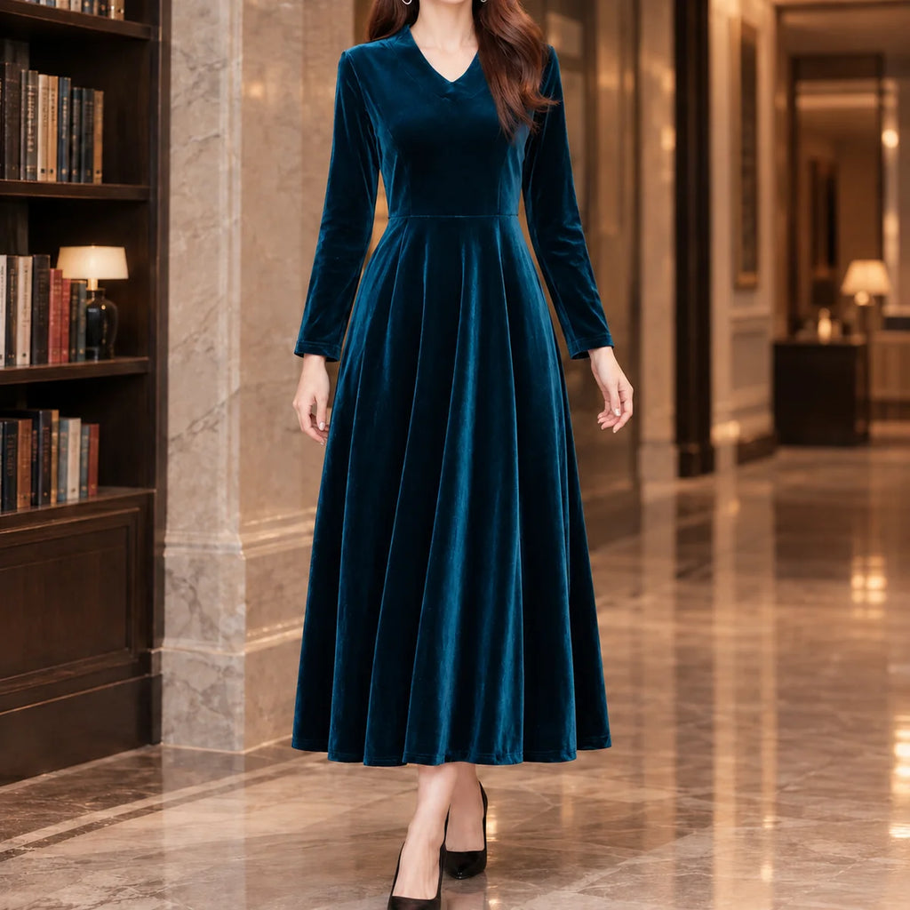 Velvet Dress – Black Long Sleeve V-Neck A-Line Midi