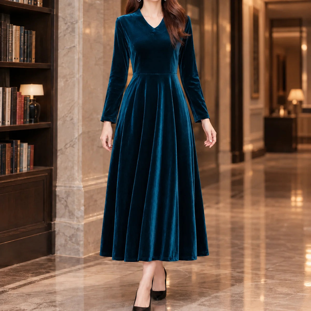 Velvet Dress – Black Long Sleeve V-Neck A-Line Midi