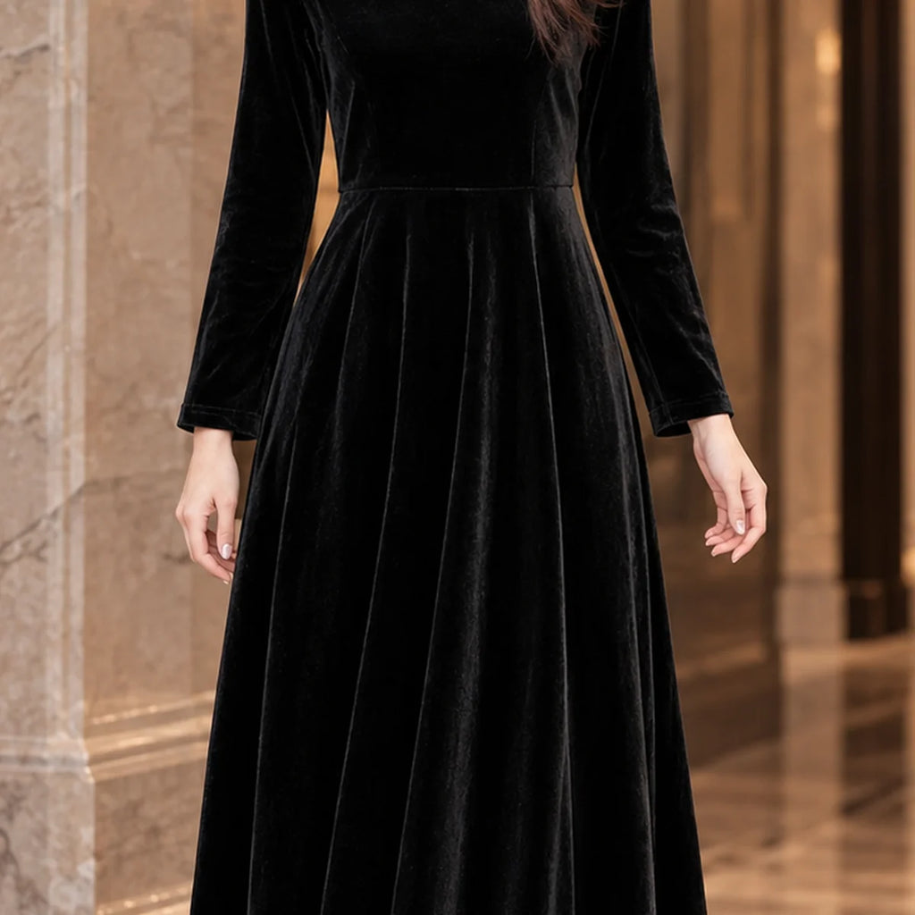 Velvet Dress – Black Long Sleeve V-Neck A-Line Midi
