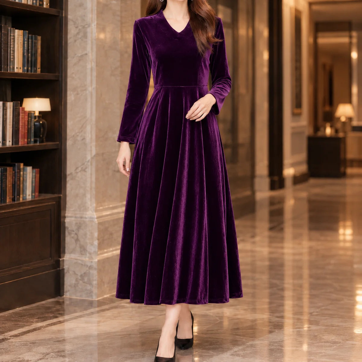 Velvet Dress – Black Long Sleeve V-Neck A-Line Midi