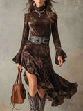 Velvet Midi Dress High Neck Bell Sleeve