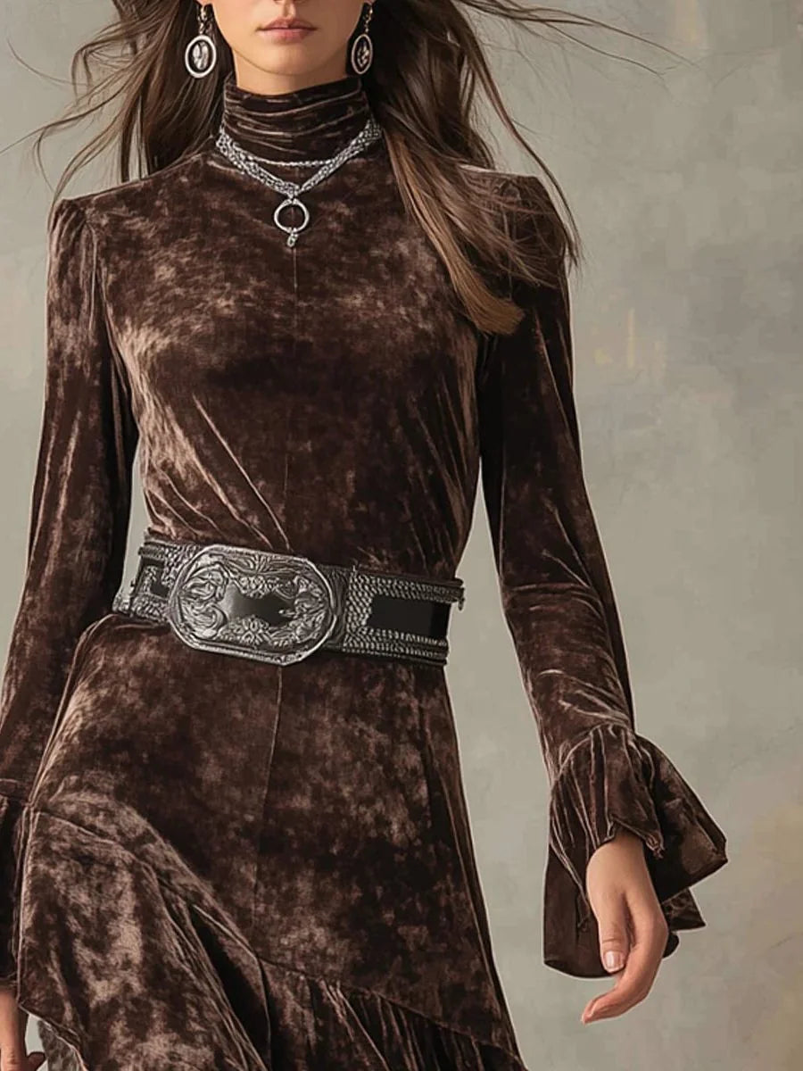 Velvet Midi Dress High Neck Bell Sleeve