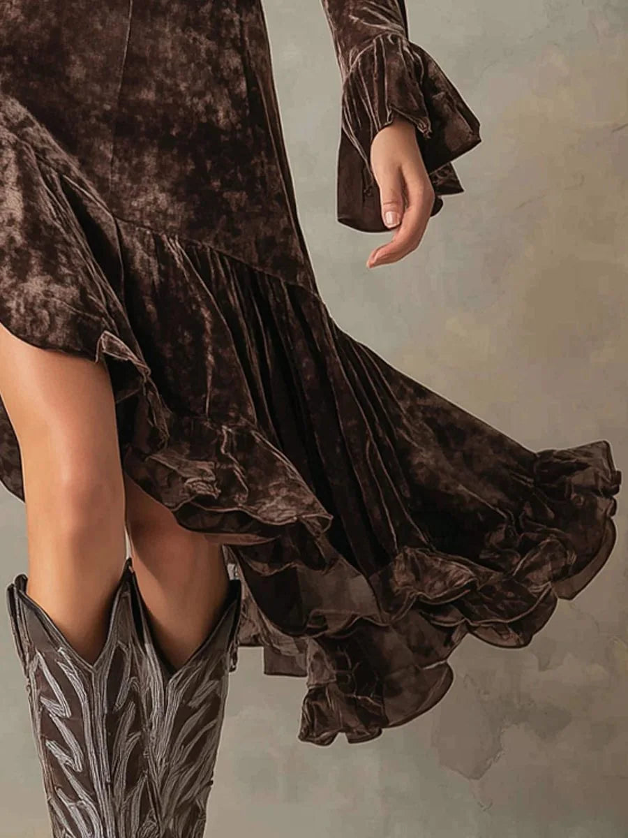 Velvet Midi Dress High Neck Bell Sleeve