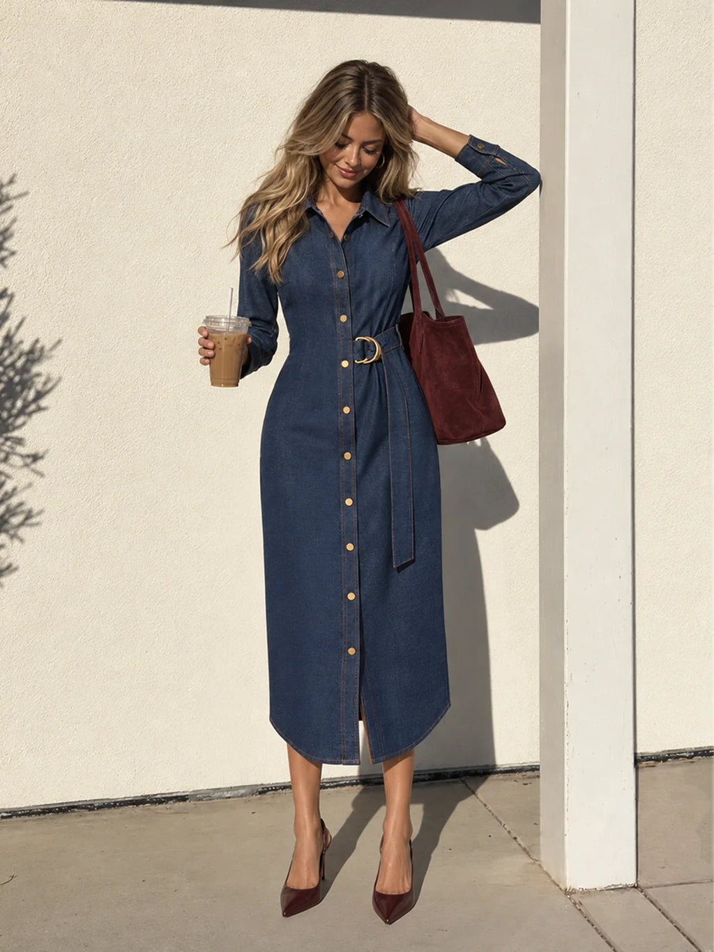 Vera Belted Midi Shirt Dress Long Sleeve Collar