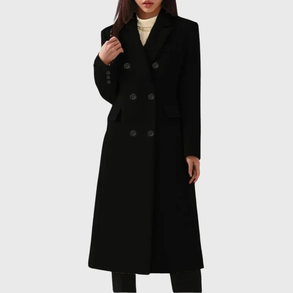 Wool Coat – Gray Wool-Blend Tailored Double-Breasted Long