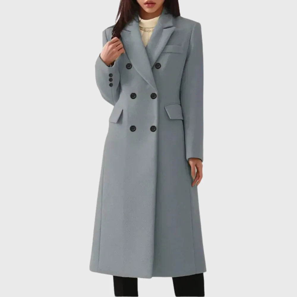 Wool Coat – Gray Wool-Blend Tailored Double-Breasted Long