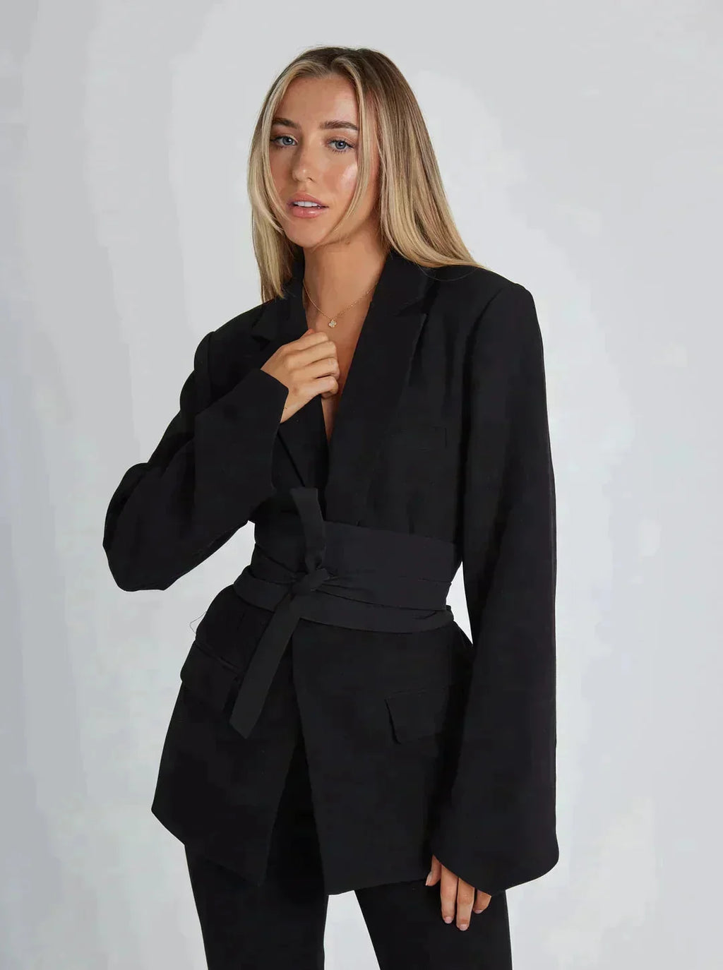 Blazer – Black Belted Tailored Wide-Sleeve