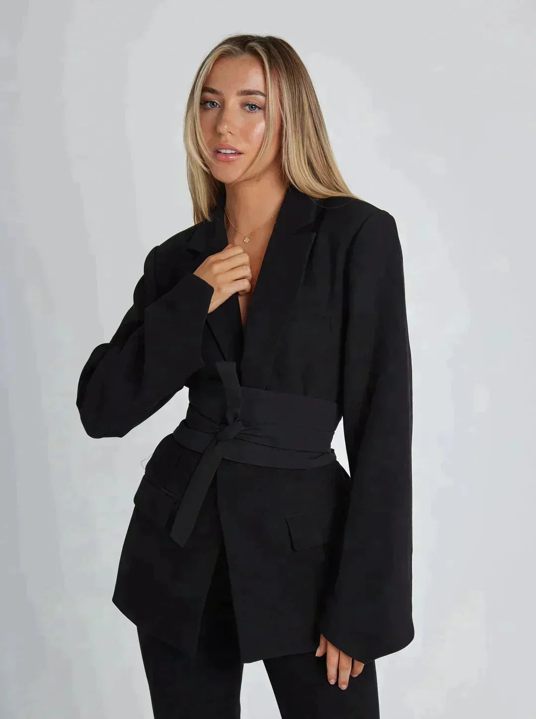 Blazer – Black Belted Tailored Wide-Sleeve