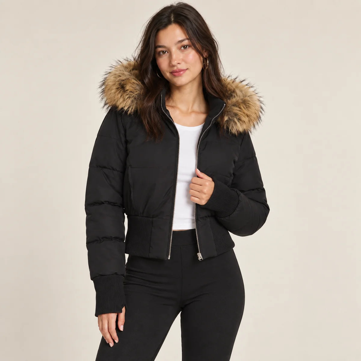 Brown Puffer Jacket – Faux Fur Collar Fitted Padded