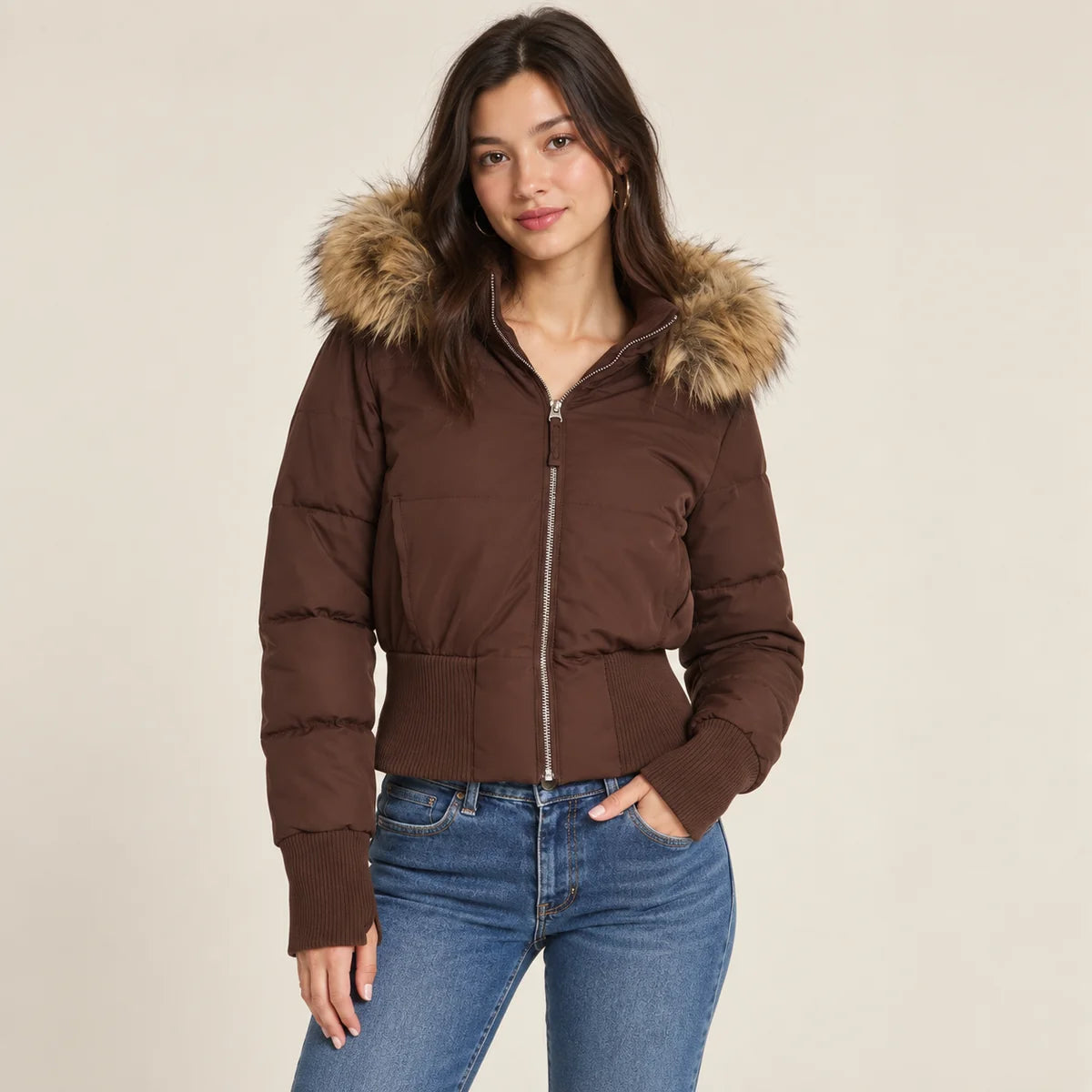 Brown Puffer Jacket – Faux Fur Collar Fitted Padded