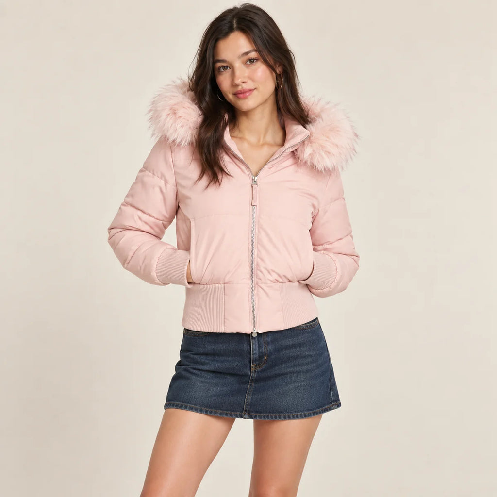 Brown Puffer Jacket – Faux Fur Collar Fitted Padded